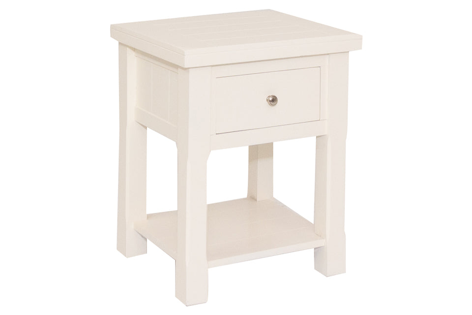 White bedside table with online drawer and shelf